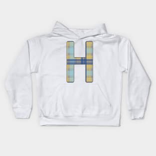 Monogram Letter H, Blue, Yellow and Grey Scottish Tartan Style Typography Design Kids Hoodie